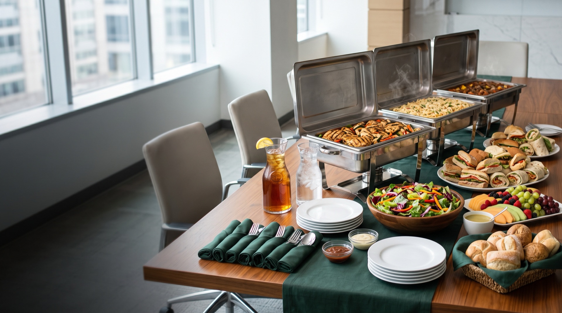 Catered lunch buffet set up in an Orlando conference room