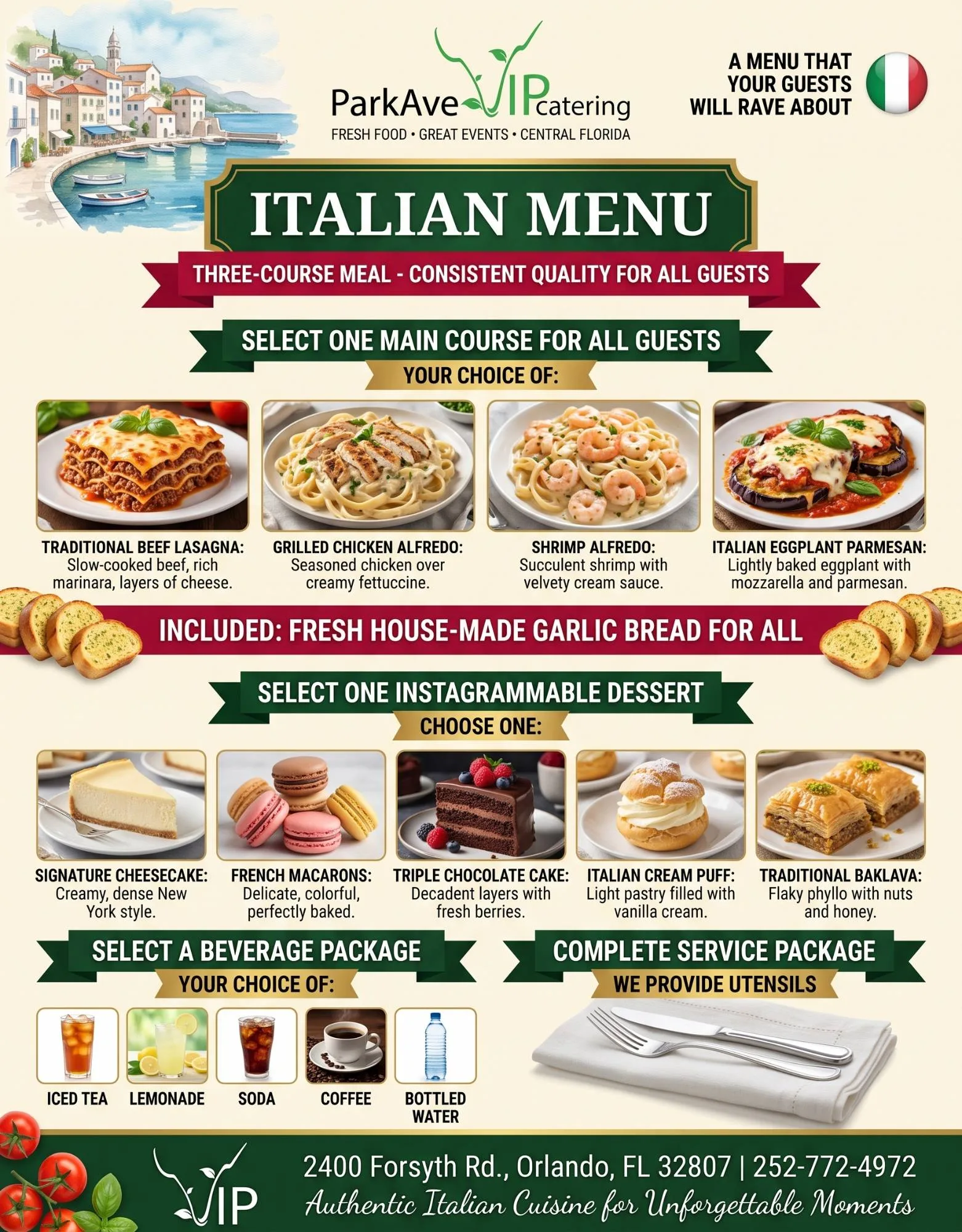 Park Ave VIP Italian catering menu: beef lasagna, grilled chicken or shrimp alfredo, eggplant parmesan, five desserts, drinks and garlic bread