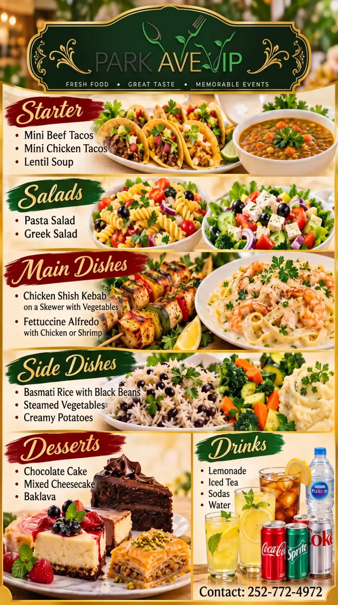 Park Ave VIP lunch catering menu: mini tacos, lentil soup, salads, shish kebab, fettuccine alfredo, sides and desserts